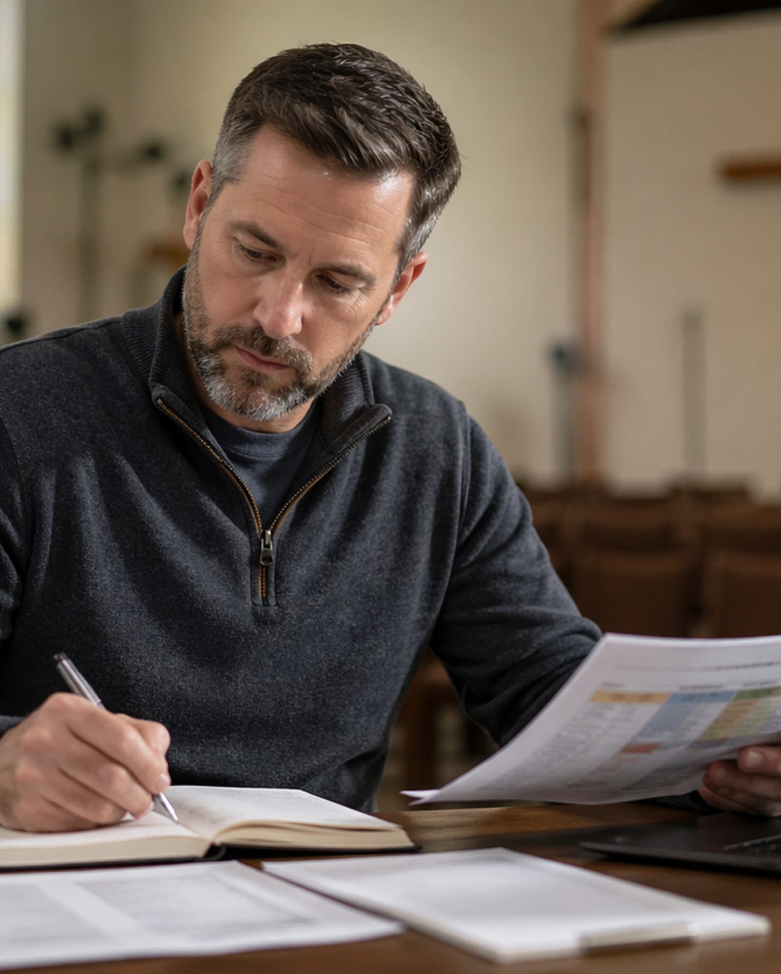 Pastor revisando informações da semana